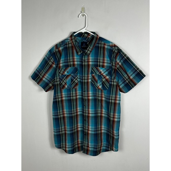 PrAna Ostend Mens Short Sleeve Button Down Shirt Blue Brown Plaid Mens Size XXL - Picture 10 of 16